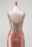 Blush Mermaid Spaghetti Straps Beaded Corset Prom Dress with Rhinestones
