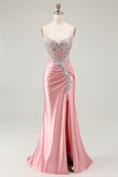 Sparkly Blush Spaghetti Straps Mermaid Sequins Corset Prom Dress with Slit