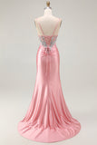 Sparkly Blush Spaghetti Straps Mermaid Sequins Corset Prom Dress with Slit