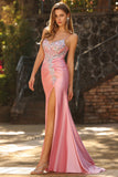 Sparkly Blush Mermaid Spaghetti Straps Sequins Corset Prom Dress with Slit