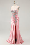 Sparkly Blush Spaghetti Straps Mermaid Sequins Corset Prom Dress with Slit