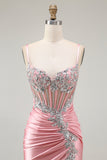 Sparkly Blush Spaghetti Straps Mermaid Sequins Corset Prom Dress with Slit