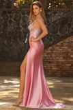 Sparkly Blush Mermaid Spaghetti Straps Sequins Corset Prom Dress with Slit