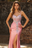 Sparkly Blush Mermaid Spaghetti Straps Sequins Corset Prom Dress with Slit