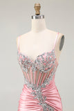 Sparkly Blush Spaghetti Straps Mermaid Sequins Corset Prom Dress with Slit