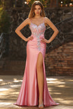 Sparkly Blush Mermaid Spaghetti Straps Sequins Corset Prom Dress with Slit