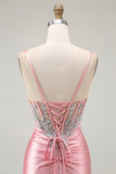 Sparkly Blush Spaghetti Straps Mermaid Sequins Corset Prom Dress with Slit