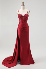 Glitter Burgundy Mermaid Beaded Corset Prom Dress with Slit