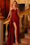 Glitter Burgundy Mermaid Corset Beaded Side Slit Long Prom Dress with Streamer