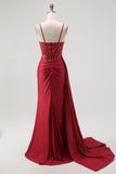 Glitter Burgundy Mermaid Corset Beaded Side Slit Long Prom Dress with Streamer