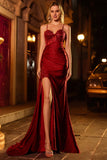 Glitter Burgundy Mermaid Corset Beaded Side Slit Long Prom Dress with Streamer