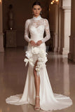 Ivory Mermaid High Neck Lace Long Sleeve Wedding Dress with Slit