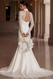 Ivory Mermaid High Neck Lace Long Sleeve Wedding Dress with Slit