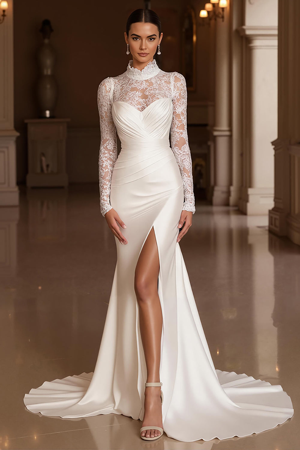 WEDTREND Women Ivory Mermaid Lace Wedding Dress with Slit High Neck Long Sleeve Bridal Dress with Sweep Train, Ivory / US4