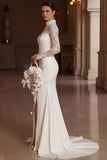 Ivory Mermaid High Neck Lace Long Sleeve Wedding Dress with Slit