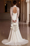 Ivory Mermaid High Neck Lace Long Sleeve Wedding Dress with Slit