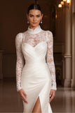 Ivory Mermaid High Neck Lace Long Sleeve Wedding Dress with Slit