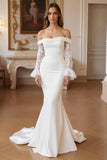 Off the Shoulder Mermaid Ivory Satin Wedding Dress with Long Sleeves