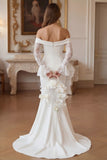 Off the Shoulder Mermaid Ivory Satin Wedding Dress with Long Sleeves