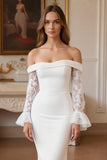 Off the Shoulder Mermaid Ivory Satin Wedding Dress with Long Sleeves