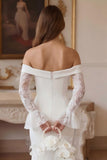 Off the Shoulder Mermaid Ivory Satin Wedding Dress with Long Sleeves