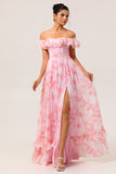 Pink Floral A-Line Off The Shoulder Chiffon Long Bridesmaid Dress with Ruffles