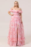 Pink Floral A-Line Off The Shoulder Plus Size Bridesmaid Dress with Ruffles