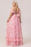 Pink Floral A-Line Off The Shoulder Plus Size Bridesmaid Dress with Ruffles
