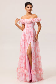 Pink Floral A-Line Off The Shoulder Chiffon Long Bridesmaid Dress with Ruffles