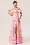 Pink Floral A-Line Off The Shoulder Chiffon Long Bridesmaid Dress with Ruffles