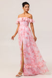 Pink Floral A-Line Off The Shoulder Chiffon Long Bridesmaid Dress with Ruffles