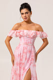 Pink Floral A-Line Off The Shoulder Chiffon Long Bridesmaid Dress with Ruffles