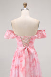 Pink Floral A-Line Off The Shoulder Chiffon Long Bridesmaid Dress with Ruffles