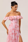 Pink Floral A-Line Off The Shoulder Chiffon Long Bridesmaid Dress with Ruffles