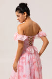 Pink Floral A-Line Off The Shoulder Chiffon Long Bridesmaid Dress with Ruffles