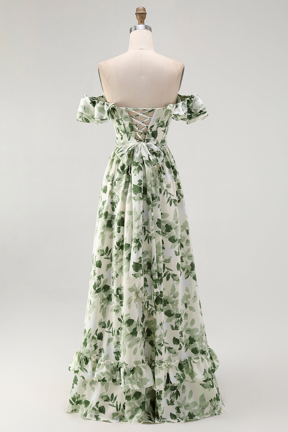 WEDTREND Women White Green Leaf Bridesmaid Dress with Ruffles A-Line Off The Shoulder Print Wedding Guest Dress WEDTREND Women White Green Leaf Bridesmaid Dress with Ruffles A-Line Off The Shoulder Print Wedding Guest Dress