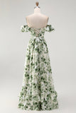 White Green Leaf A-Line Off The Shoulder Print Bridesmaid Dress with Ruffles