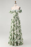 White Green Leaf A-Line Off The Shoulder Print Bridesmaid Dress with Ruffles