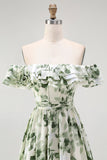 White Green Leaf A-Line Off The Shoulder Print Bridesmaid Dress with Ruffles