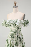 White Green Leaf A-Line Off The Shoulder Print Bridesmaid Dress with Ruffles