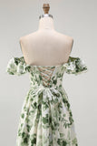 White Green Leaf A-Line Off The Shoulder Print Bridesmaid Dress with Ruffles