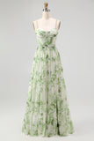 Floral Green A-Line Spaghetti Strap Chiffon Long Bridesmaid Dress with Slit