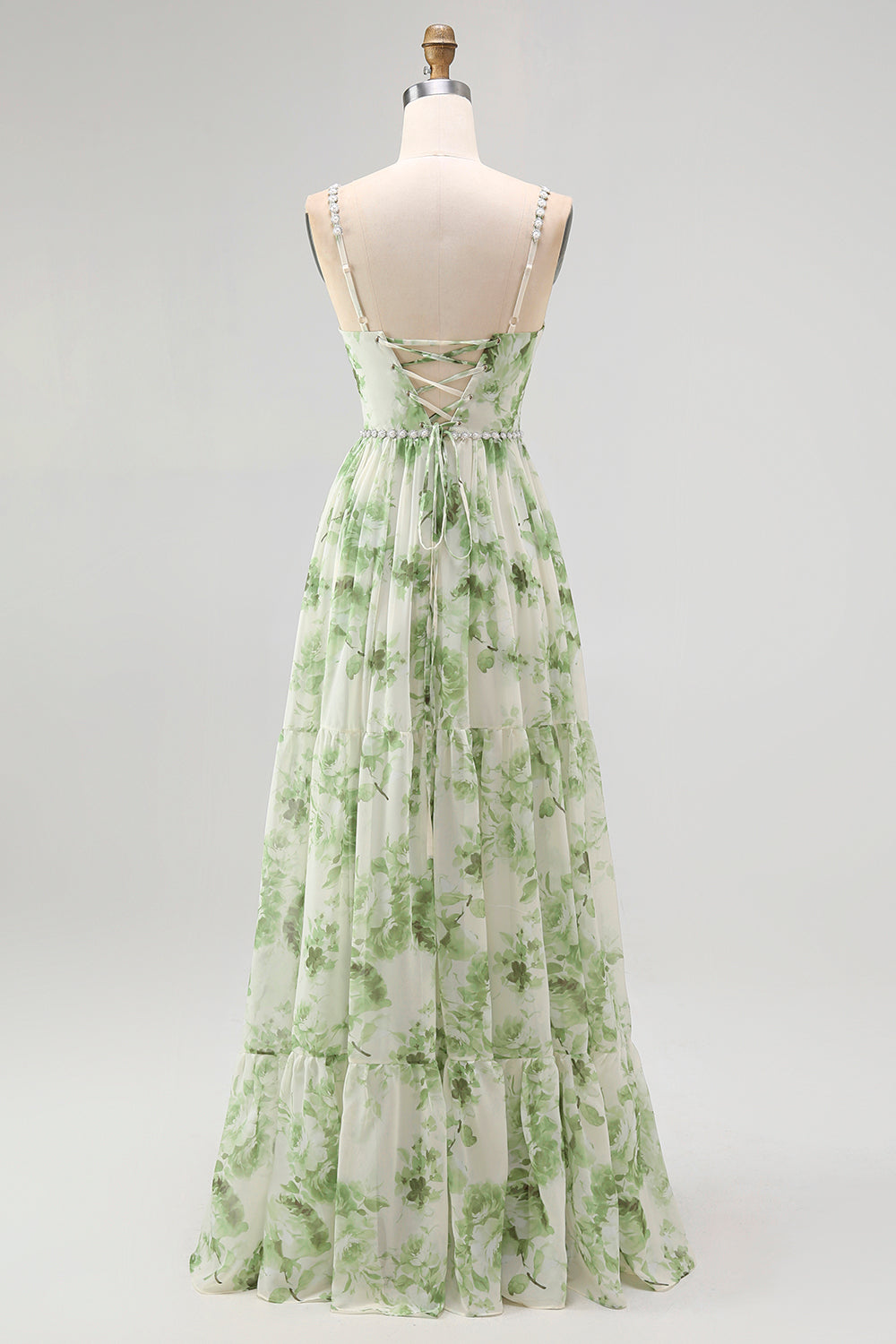 WEDTREND Women Green Floral Long Bridesmaid Dress with Slit A-Line Spaghetti Strap Chiffon Wedding Guest Dress with Pearls WEDTREND Women Green Floral Long Bridesmaid Dress with Slit A-Line Spaghetti Strap Chiffon Wedding Guest Dress with Pearls
