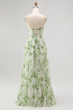 Floral Green A-Line Spaghetti Strap Chiffon Long Bridesmaid Dress with Slit