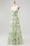 Floral Green A-Line Spaghetti Strap Chiffon Long Bridesmaid Dress with Slit