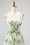 Floral Green A-Line Spaghetti Strap Chiffon Long Bridesmaid Dress with Slit