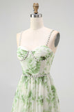 Floral Green A-Line Spaghetti Strap Chiffon Long Bridesmaid Dress with Slit