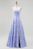 Blue A-Line Ruched Tie-Back Floral Jacquard Maxi Dress with Slit