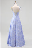 Blue A-Line Ruched Tie-Back Floral Jacquard Maxi Dress with Slit