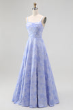 Blue A-Line Ruched Tie-Back Floral Jacquard Maxi Dress with Slit
